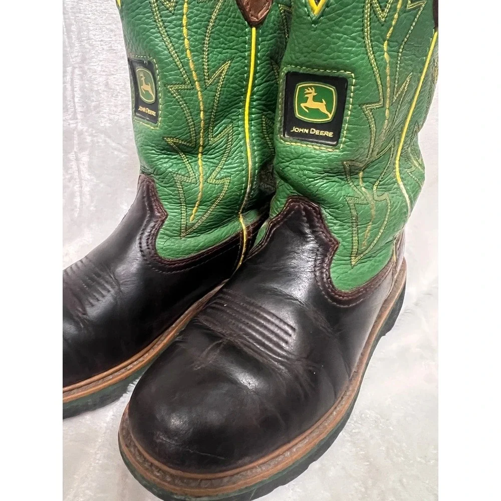 John Deere Western Boots Childrens 6.5M Brown Green Leather Cowboy Work Farmcore